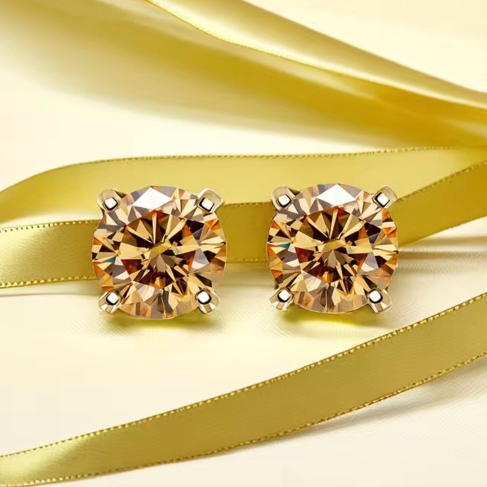 Gold Earrings Champagne Moissanite Gold Diamond Color 2 Karat Studs